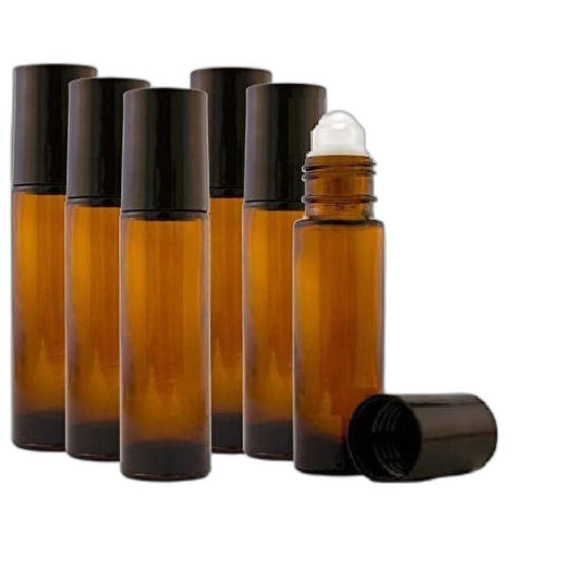 Amber Roll-On Bottles with Roller Balls, 10 ml, 6-Pack with Dropper